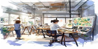 日本成人向动漫制作公司工作室场景，动画师在绘图板前创作，专业创作氛围